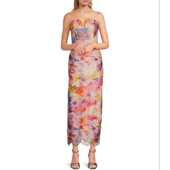 Badgley Mischka Strapless Floral Midi Dress in Pink, Blue, Yellow - Picture 4 of 13